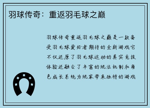 羽球传奇：重返羽毛球之巅